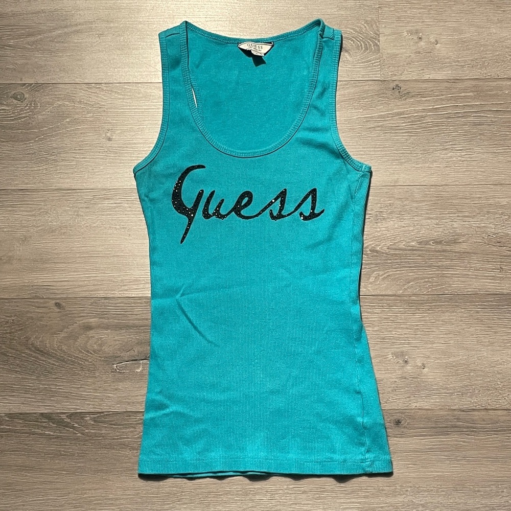 Woman’s Y2K Guess Logo Turquoise Sleeveless Tank Top Size Small 13x23”